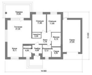 Планировка одноэтажного дома с 2 спальнями и гаражом